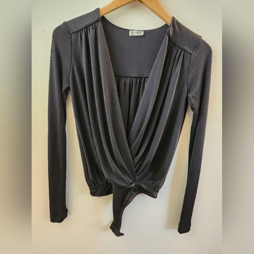 Free People Turnt Suplice-Neck Bodysuit Long Sleeve‎ Stretch Thong Black Small